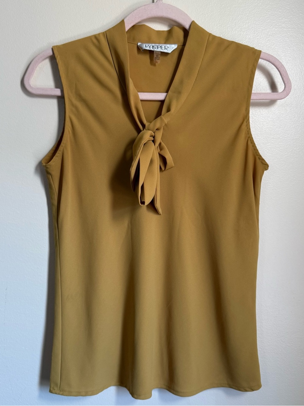 Kasper Mustard Yellow Tie Neck Sleeveless Blouse Size Petite Small